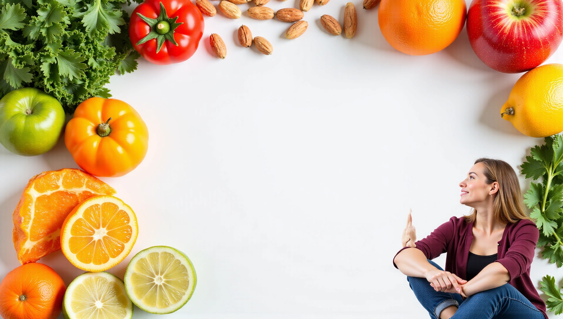 Imagen de fondo inspiradora de alimentos saludables y una persona sonriendo